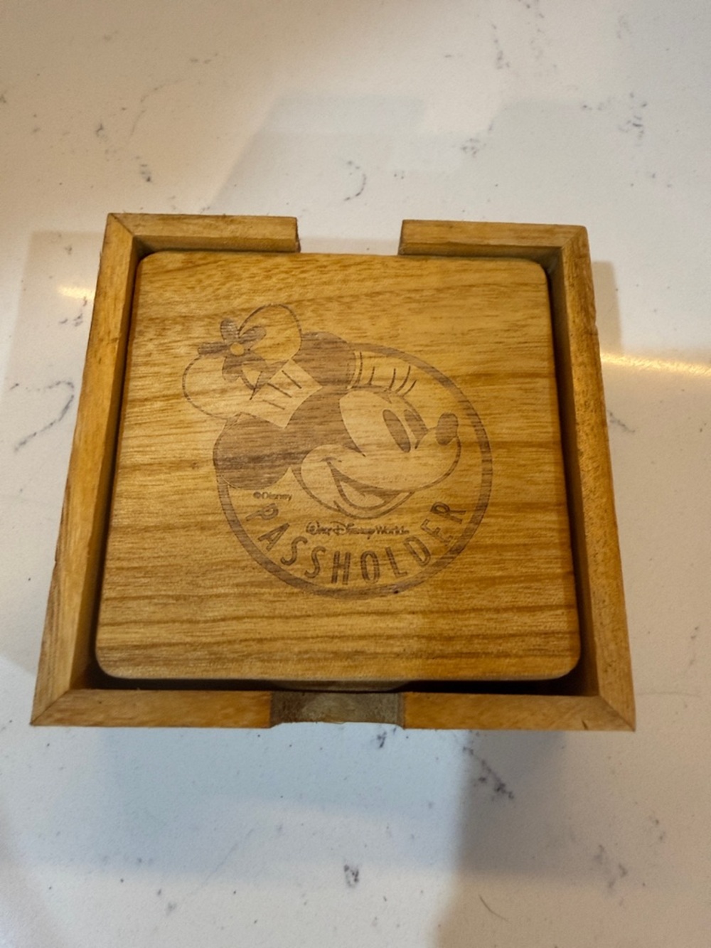 Disney Wooden Minnie Passholder Coaster Set — Natural Brown